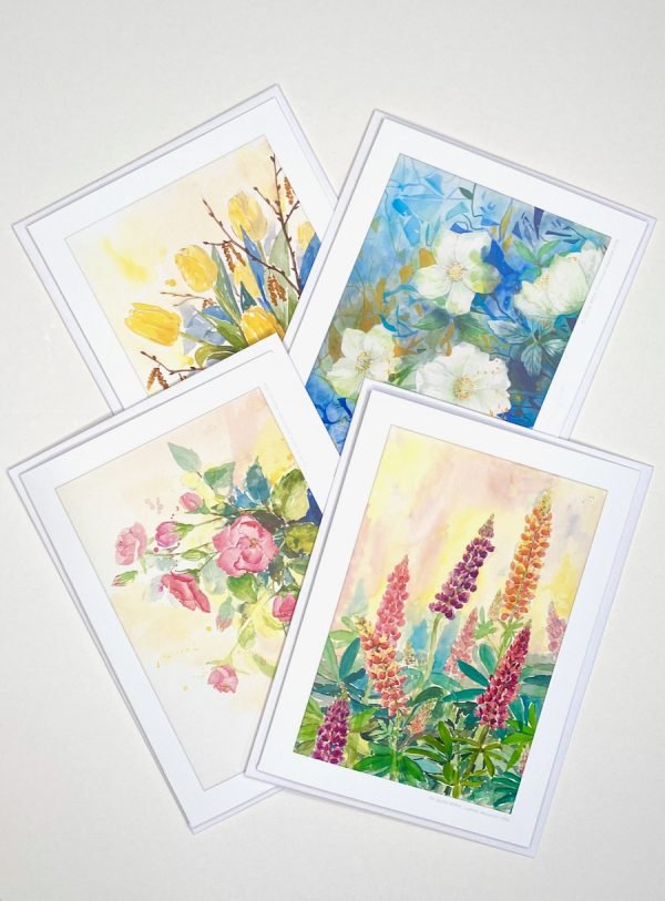 Kunstdruck Grußkarten-Set V (Christrose, Heckenrose, Lupinen und Gelbe Tulpen)