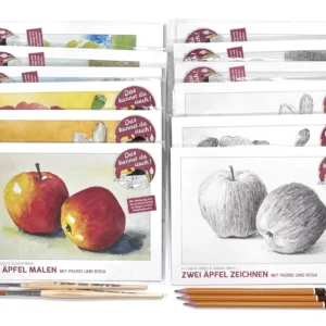 12 Lernkarten für Zeichnen und Malen einzeln verpackt mit 2 Pinseln und 3 Bleistiften