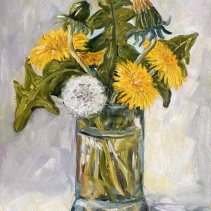 Glas mit Löwenzahnblüten in verschiedenen Stadien